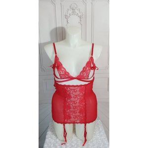 Yandy Red One Piece Lingerie w/ Peep Holes on Breasts Corset Back Sz XL